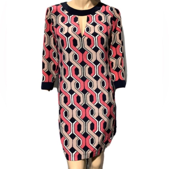 Trina Turk 100% Silk Short Shift Dress Pink Navy Blue Women’s size 4 - Picture 2 of 9